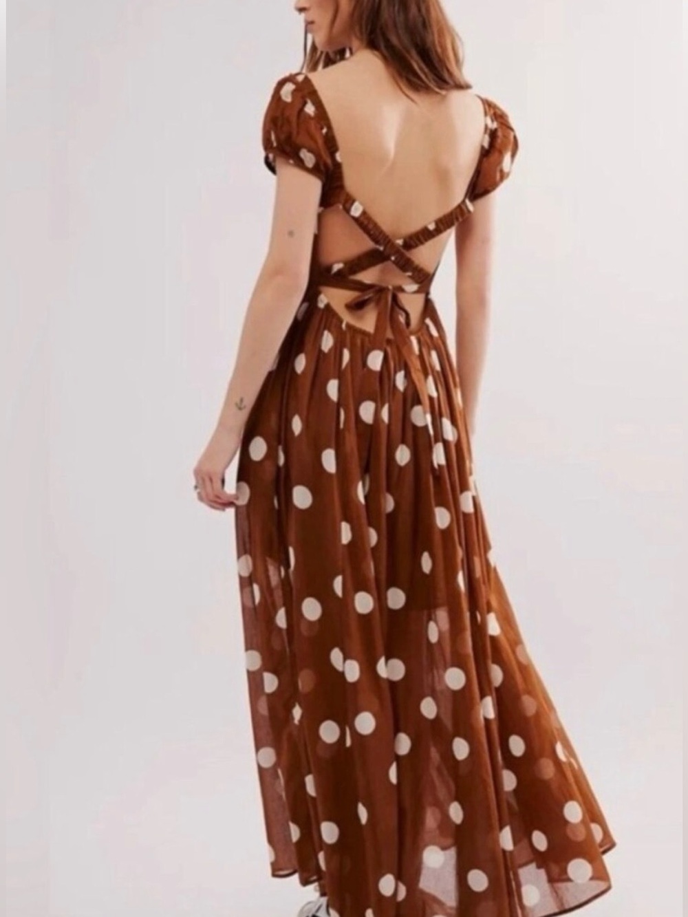 Free People Brown Polka Dot Backless Maxi Dress